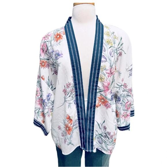 Cupio Floral Kimono Cardigan Top Open Front Boho Striped Navy Trim Size L - Picture 2 of 9